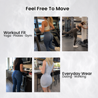 Women in fitted workout and everyday outfits for yoga, gym, work and going out