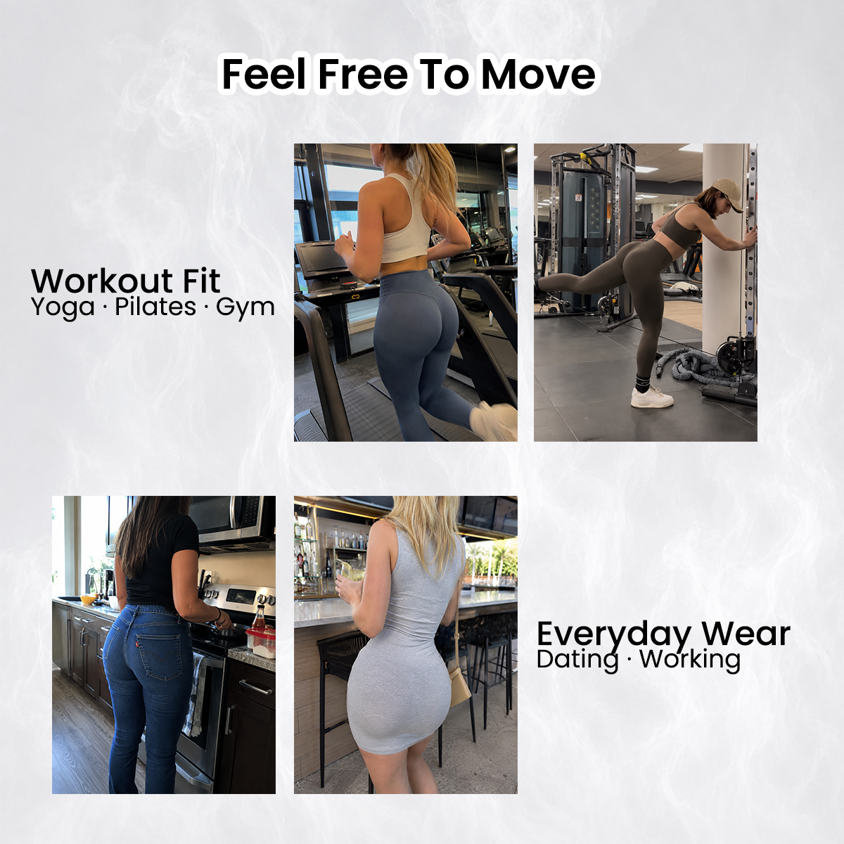 Women in fitted workout and everyday outfits for yoga, gym, work and going out